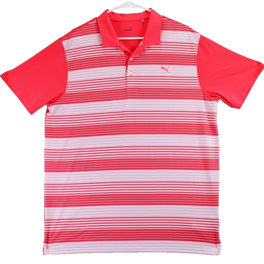 Puma Mens Golf Polo Shirt Coral White Stripe Short Sleeve Button Up Logo Size XL